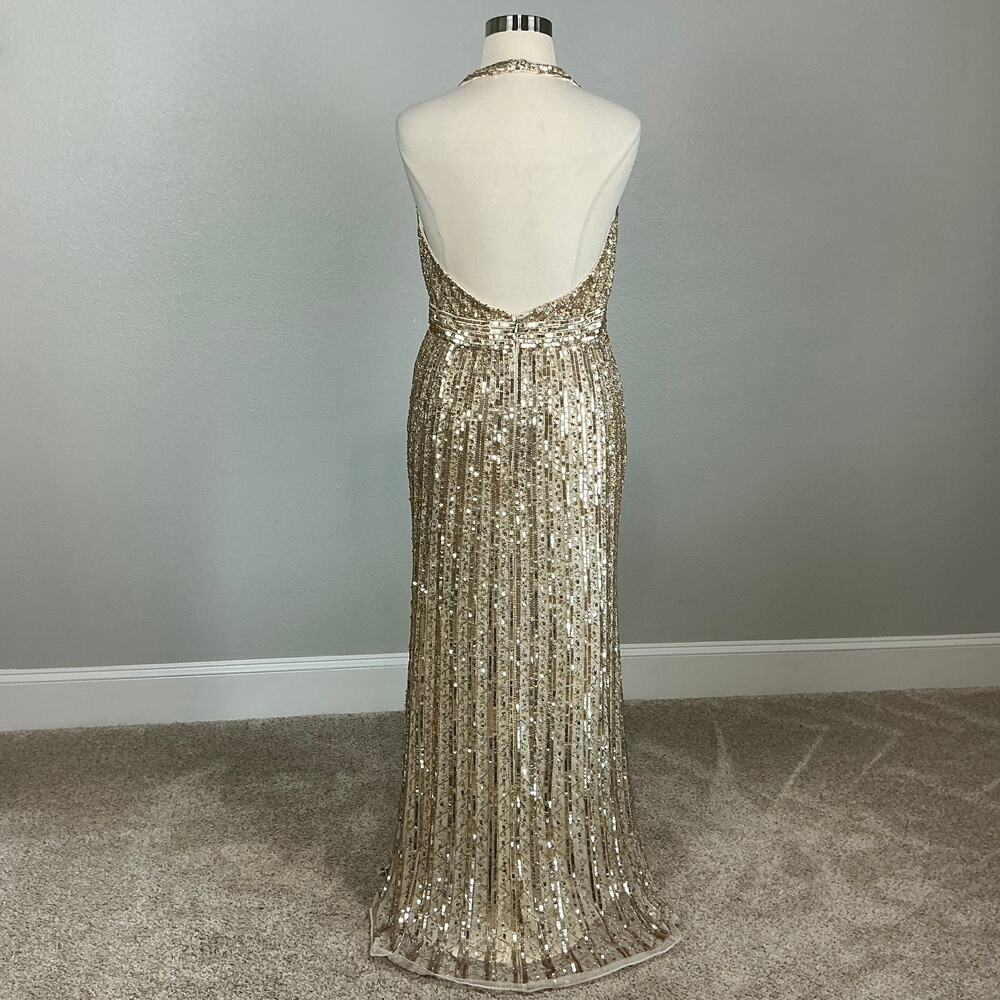 Mac Duggal 5759 Gold Evening Gown Sequined Backless Halter Column Dress Size 16 - Picture 8 of 13